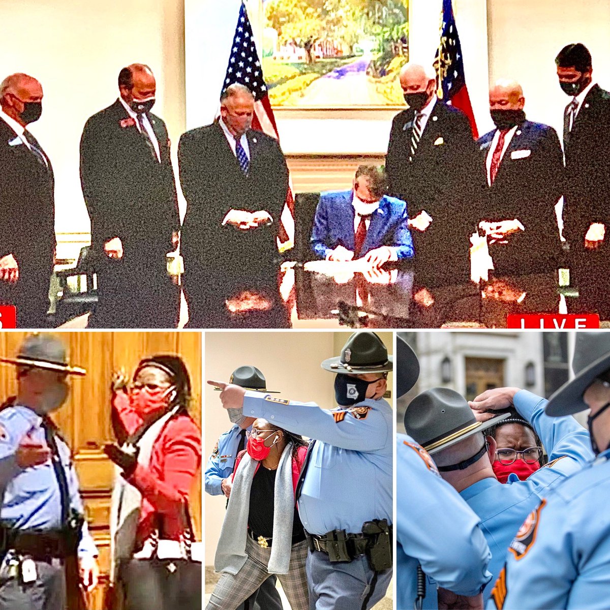 jeanquan's tweet photo. #NewJimCrow: These pix show #Georgia GOP attack on #votingrights
✋🏽#GovKemp signs law behind closed doors
✋🏽#RepParkCannon arrested for knocking on his door
👉🏾Give to @NewGAProject, @BlackVotersMtr @RiseFreeOrg 4 #lawsuit agst #GA
👉🏾#GeorgiaFund https://t.co/BEkuqoOSIR
#LetGAVote https://t.co/4up80MnVrg