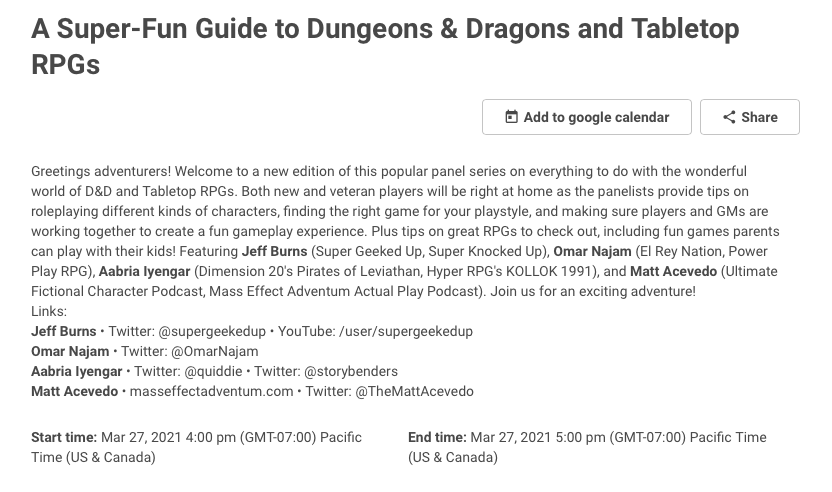 This weekend is #WonderConAtHome2021 and I am so excited to say that <a href="/SuperGeekedUp/">Jeff Burns</a> hosts a panel with <a href="/quiddie/">Aabria Iyengar #CeasefireNOW</a> <a href="/TheMattAcevedo/">Matt Acevedo</a> and lucky ol' me tomorrow at 4pm PT. We're talking TTRPGs. Mostly we're just laughing at each other's jokes. Join us! Tomorrow!

comic-con.org/wca/2021/athom…