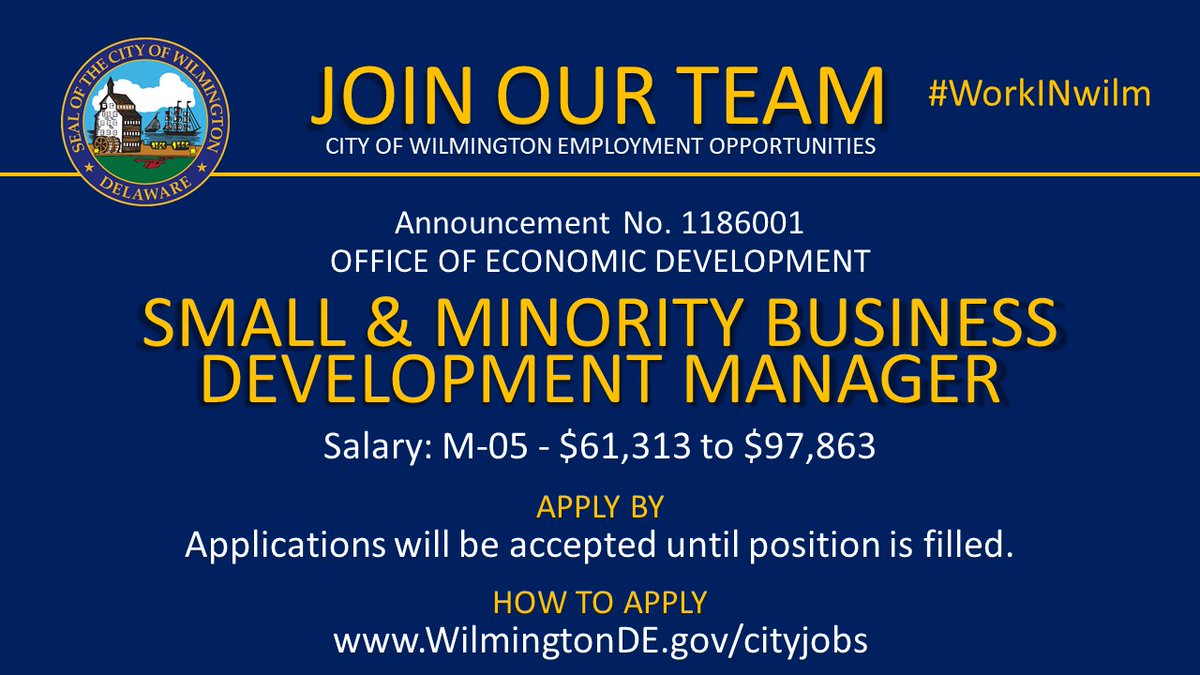 cityofwilmde's tweet photo. 📣 #NOWHIRING: Small & Minority Business Development Manager
This position will remain open until it is filled. Apply online today!
#WilmDE #WilmingtonDE #netDE #WorkInWilm #JobsDE #WorkDE #Delaware
Apply here ➡️ https://t.co/L66v52vblU https://t.co/ftphd9nvt8