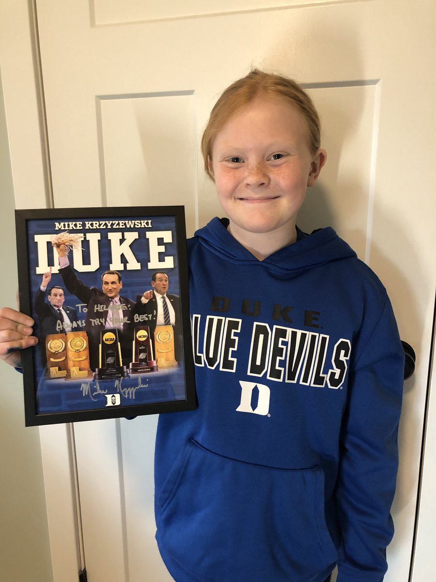 NegusHeather's tweet photo. Hilarie wrote to @DukeMBB and got an autographed poster from Coach K! @CoachKWisdom @duke https://t.co/dD3TcJMNO2