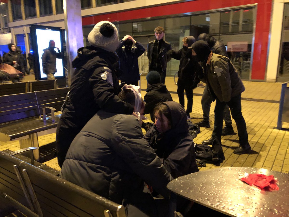 Makeshift medic station treating injured protestors in broadmead shopping parade as police advance. #bristol