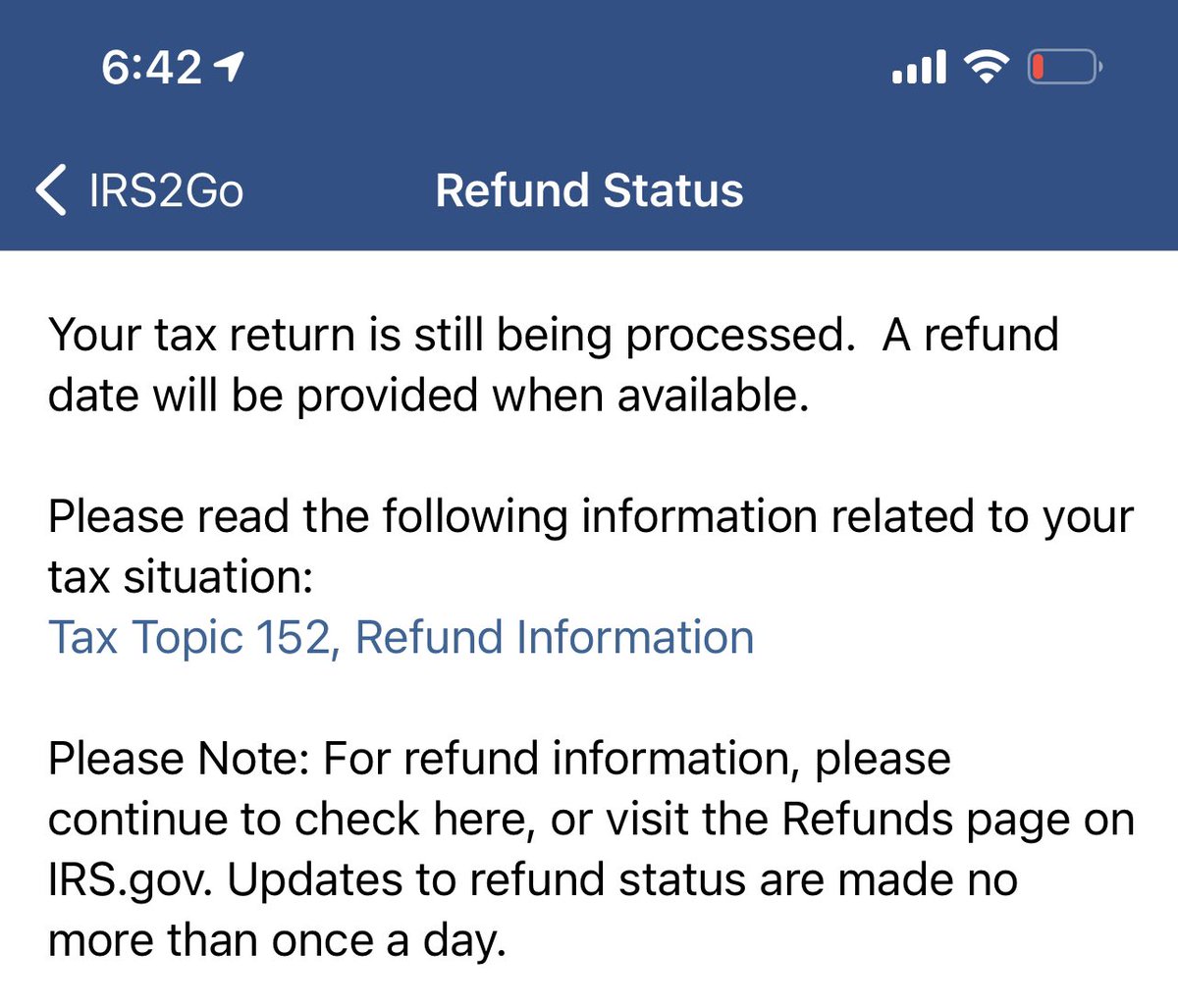 PMDVS's tweet photo. I randomly received my refund an hour ago! I filed 2/12 & was accepted the same day. My status STILL shows this but again, I received it an hour ago! #IRS #irstaxrefund https://t.co/l1aBTn47mr