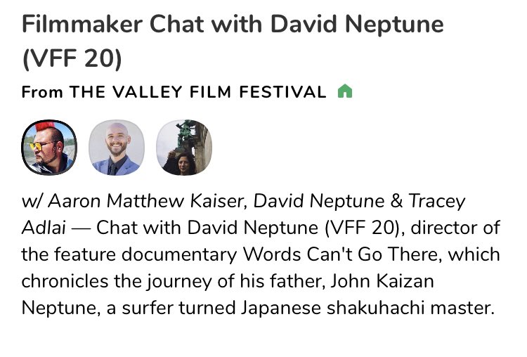 ValleyFilmFest's tweet photo. Our weekly filmmaker chats continue! Join #davidneptune @aaronkaiser & @TraceyAdlai at 4pm today on @joinClubhouse #vff20 #unitedbyfilm #vff21 https://t.co/6s3XIOzqb0