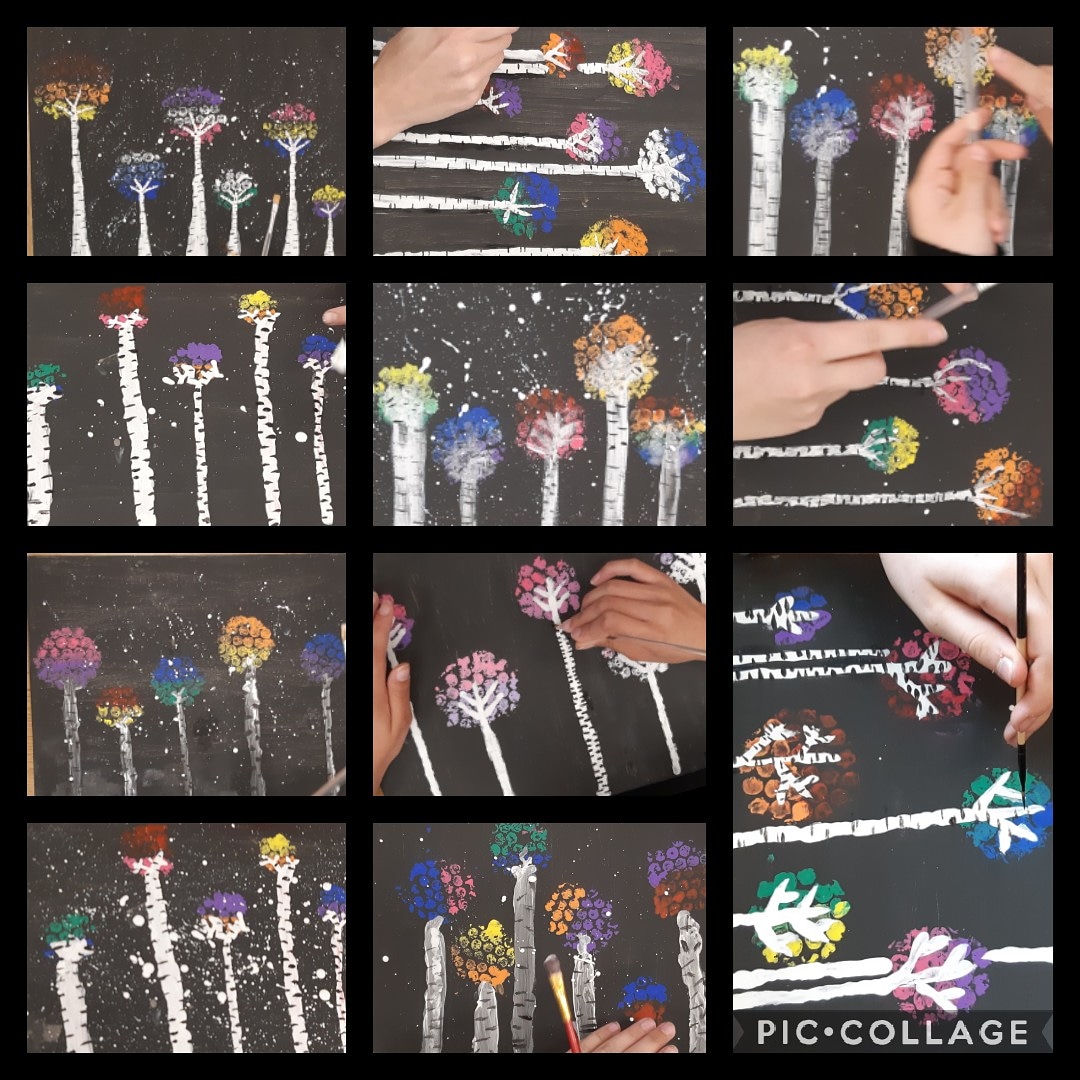 Fun process art project in Grade 7 with <a href="/MsM_Marvelous7s/">Amy Mitchell</a> where they used bubble wrap to create the technicolor tree leaves, added details into the birch bark trunk and paint splatters for falling snow in the night landscape🎨