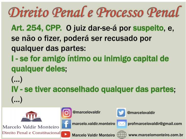 marcelovaldir's tweet photo. Hipóteses de suspeição no CPP.
#direitocriminal
#imunidadeparlamentar
#examedeordem #provadaoab
#direitopenal #advocaciacriminal #crimeseleitorais #praticapenal
#penalemaislegal
#crimesemlicitacao
#crimesfuncionais
#crimesempresariais
#crimesdocolarinhobranco
#jovemadvocacia https://t.co/DqA3ObXIWc