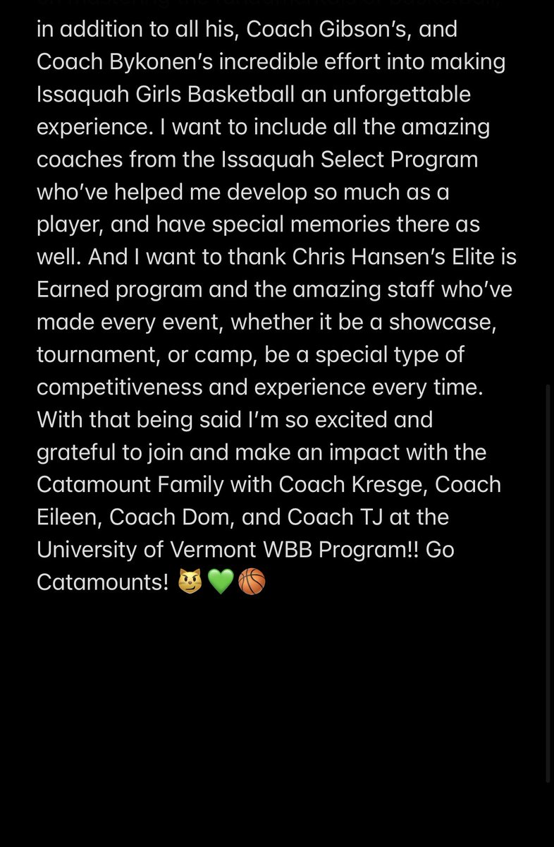 So happy to announce that I’ve committed to the University of Vermont!! Excited to join the <a href="/UVMwbb/">UVM Women's Basketball</a> family, go Catamounts! 😼💚