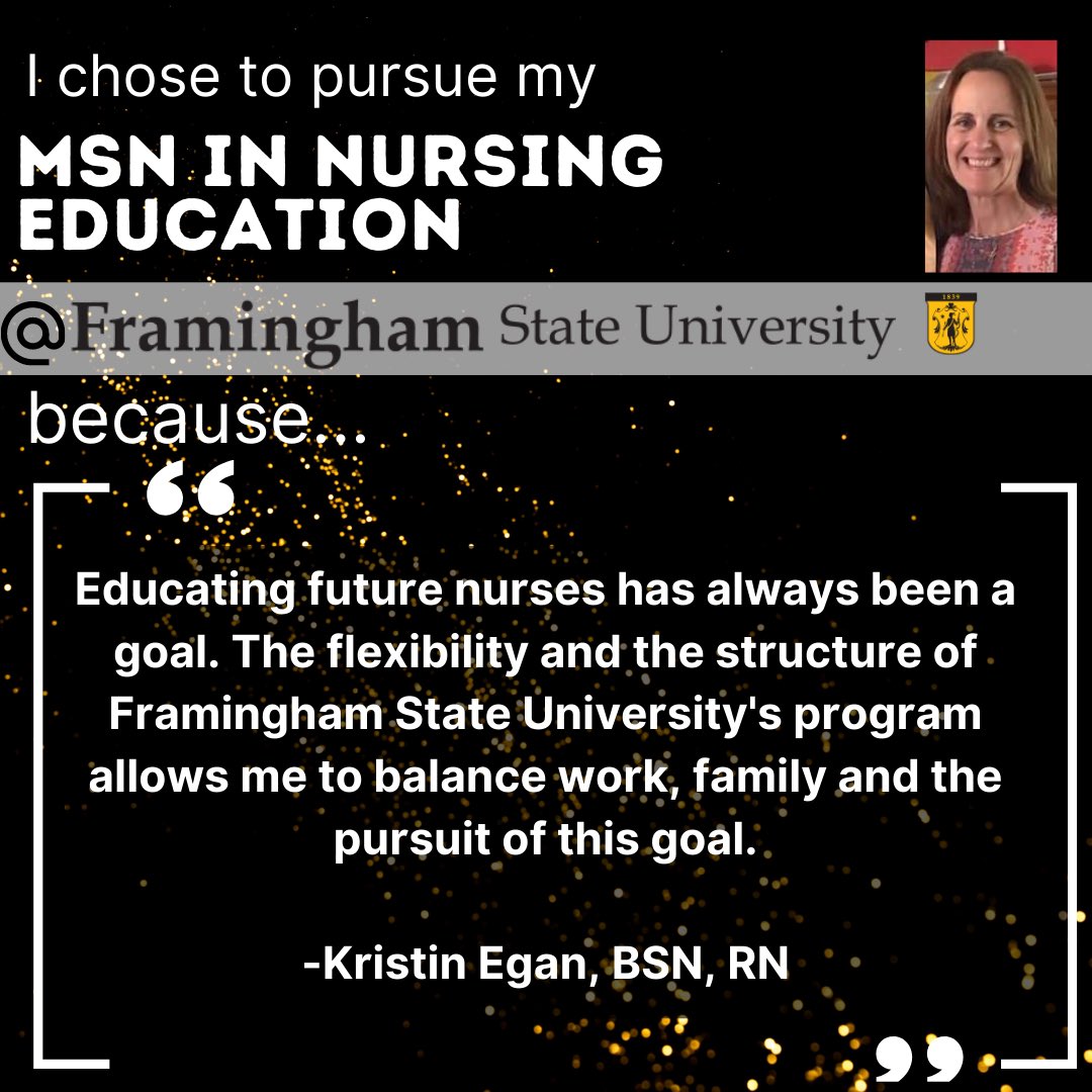 nursingfsu's tweet image. Balancing work, family and going back to school is possible with Framingham State University's MSN model, as Kristen, an ICU nurse for 30 years and mother of 3, shares. 🙌 Come join our program today and take the next step in your nursing career. ➡️ tinyurl.com/A3OSE38D