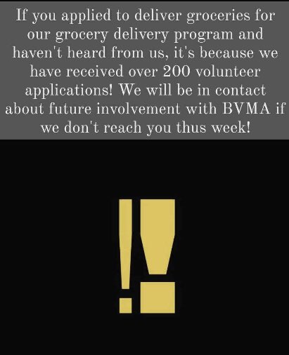 “If you applied to deliver groceries for our grocery delivery program and haven’t heard from us, it’s because we have received over 200 volunteer applications! We will be in contact about future involvement with BVMA if we don’t reach you this week!”

We love you Boulder! ❤️🖤