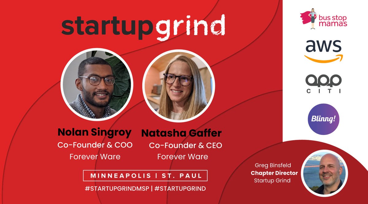 We have the founders from <a href="/forever_ware/">Forever Ware</a> joining us at our next <a href="/StartupGrindMSP/">Startup Grind Minneapolis/St. Paul</a> (Minneapolis-St.Paul) fireside chat event. RSVP here for your free virtual spot: 
bit.ly/2QCk3sd Thanks to our local sponsors <a href="/BusMamas/">Bus Stop Mamas</a> <a href="/appciti/">App Citi</a> <a href="/awscloud/">Amazon Web Services</a> <a href="/myblinng/">Blinng!</a>