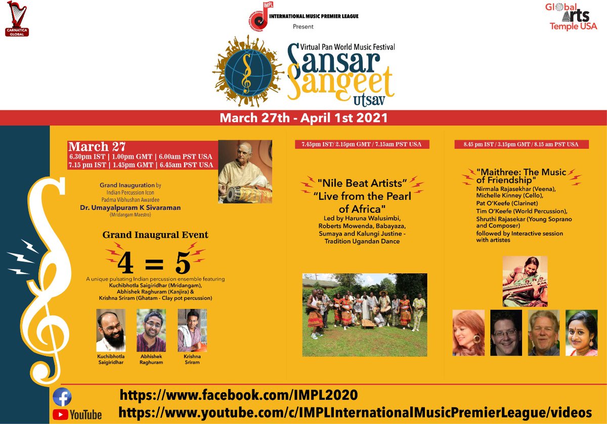 PremierMusic's tweet photo. Sansar Sangeet Utsav - Virtual Pan World Music Festival 
March 27 - April 1, 2021
Time - 6.30pm IST onwards
Venue - 
https://t.co/MzHTe7Zhfk
https://t.co/RERlEy6yI6…...
Featuring renowned International musicians, and bands  performing various genres from around the world. https://t.co/2fr6DPbjbj