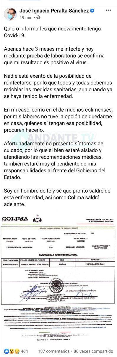 Gobernador de #Colima <a href="/nachoperaltacol/">José Ignacio Peralta</a> confirma que es positivo por segunda ocasión a #COVID19
