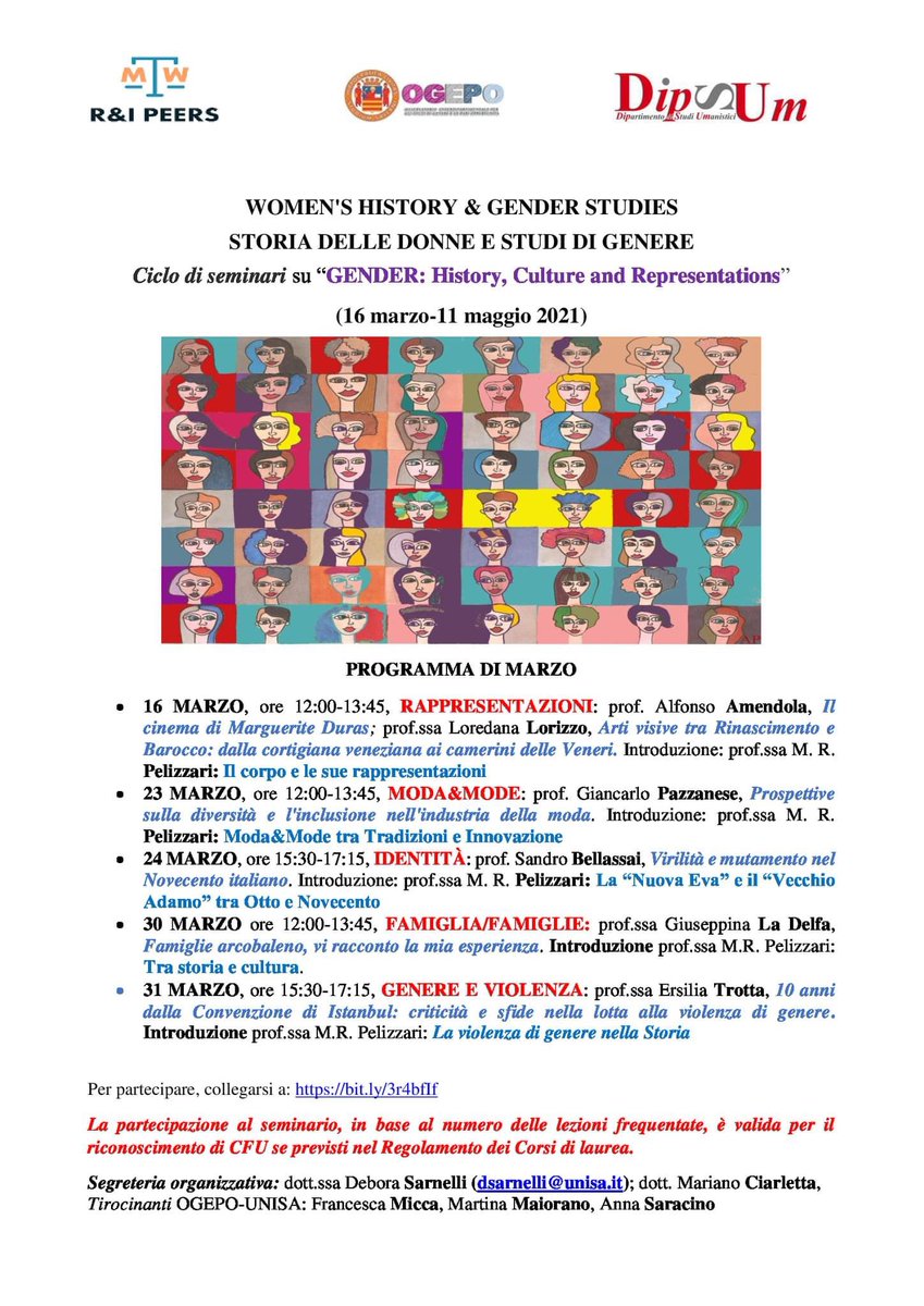 Orgogliosa di relazionare al Ciclo di Seminari su “Gender: History, Culture and Representations” promosso dalla direttrice dell’OGEPO Prof.ssa Maria Rosaria Pelizzari,  nell'ambito del GEP (Gender Equality Plan/Piano di Uguaglianza di Genere) di UNISA.