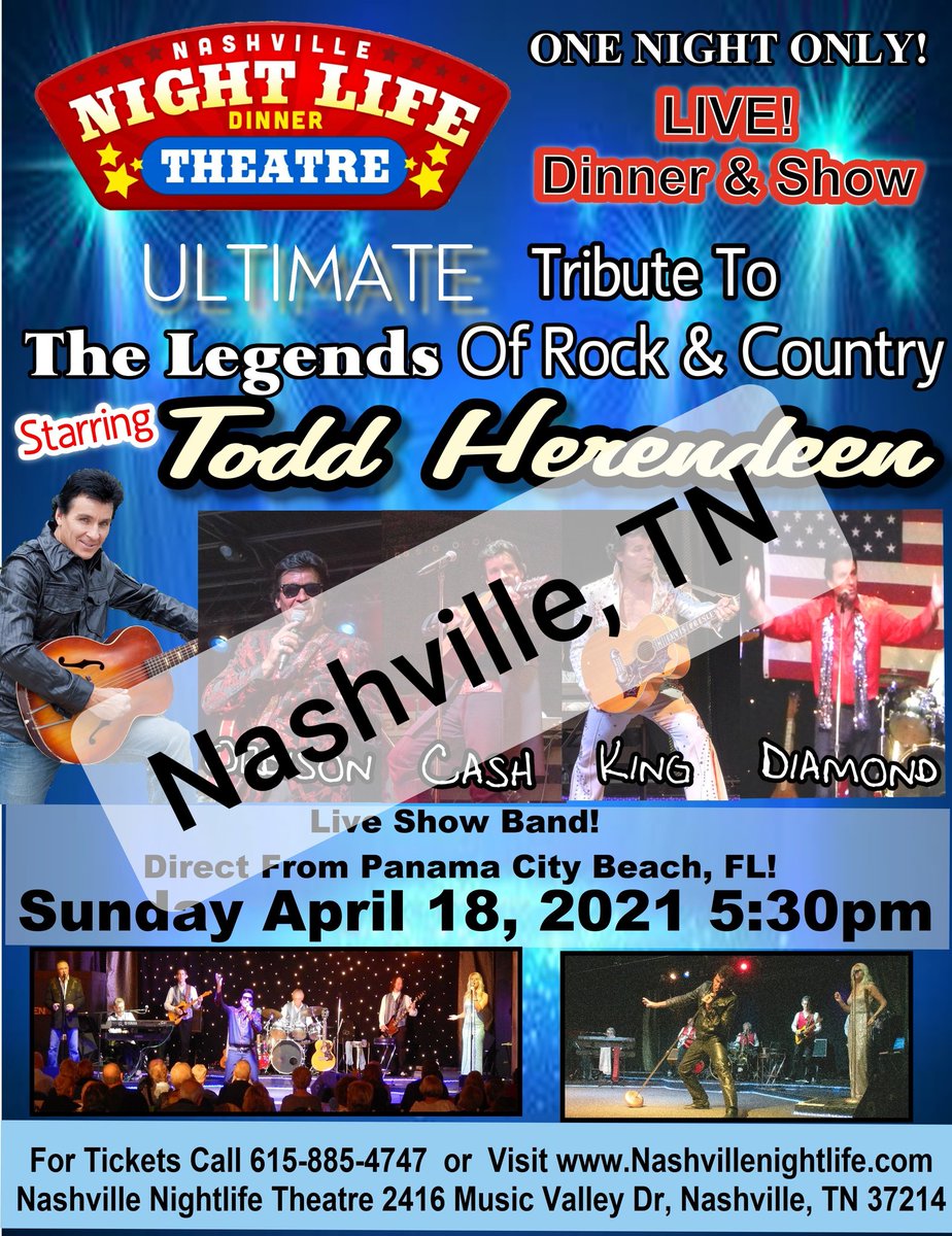 toddallenshow's tweet photo. NASHVILLE! ONE NIGHT ONLY Call 615-885-4747 to make your reservation. https://t.co/snVyFalawI  Dinner and show option or Show only option. Doors open at 5:30pm for dinner. Show begins at 6:30pm.
2416 Music Valley Dr, Nashville, TN 37214
(615)885-4747
#Nashville #toddherendeen https://t.co/1MnA9GIOha