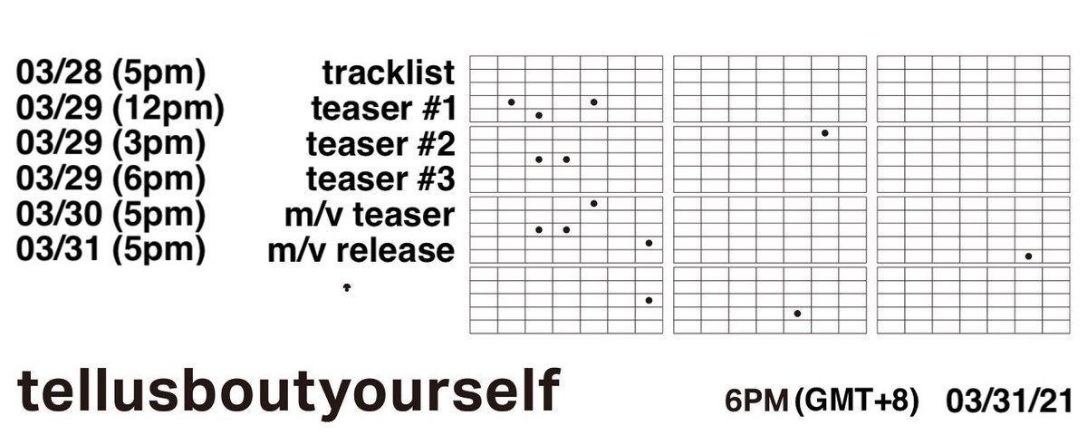 CLSDiverseMedia's tweet photo. SEA (씨) Full Length Album ‘[tellusboutyourself]’

2021.03.31 6PM 

COMEBACK SCHEDULE 
⠀
#Sea #씨 #tellusboutyourself

© 2021 Diverse Media Group Inc. All rights reserved. https://t.co/fD26iVoniJ