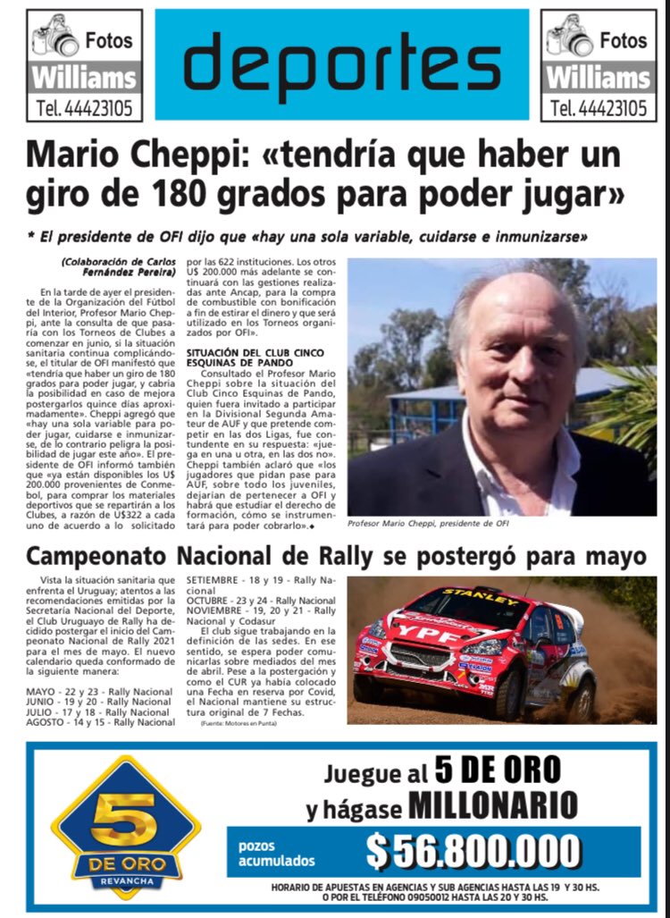 #TapadeDeportesdePrimeraPágina | Viernes 26 de marzo del 2021

Para recibir la mejor y mayor información, suscribite en versión papel o digital. Contáctanos a través nuestras redes sociales, y te haces suscriptor al instante. 

#PrimeraPágina #deportes 
#elmásleídodeldepartamento