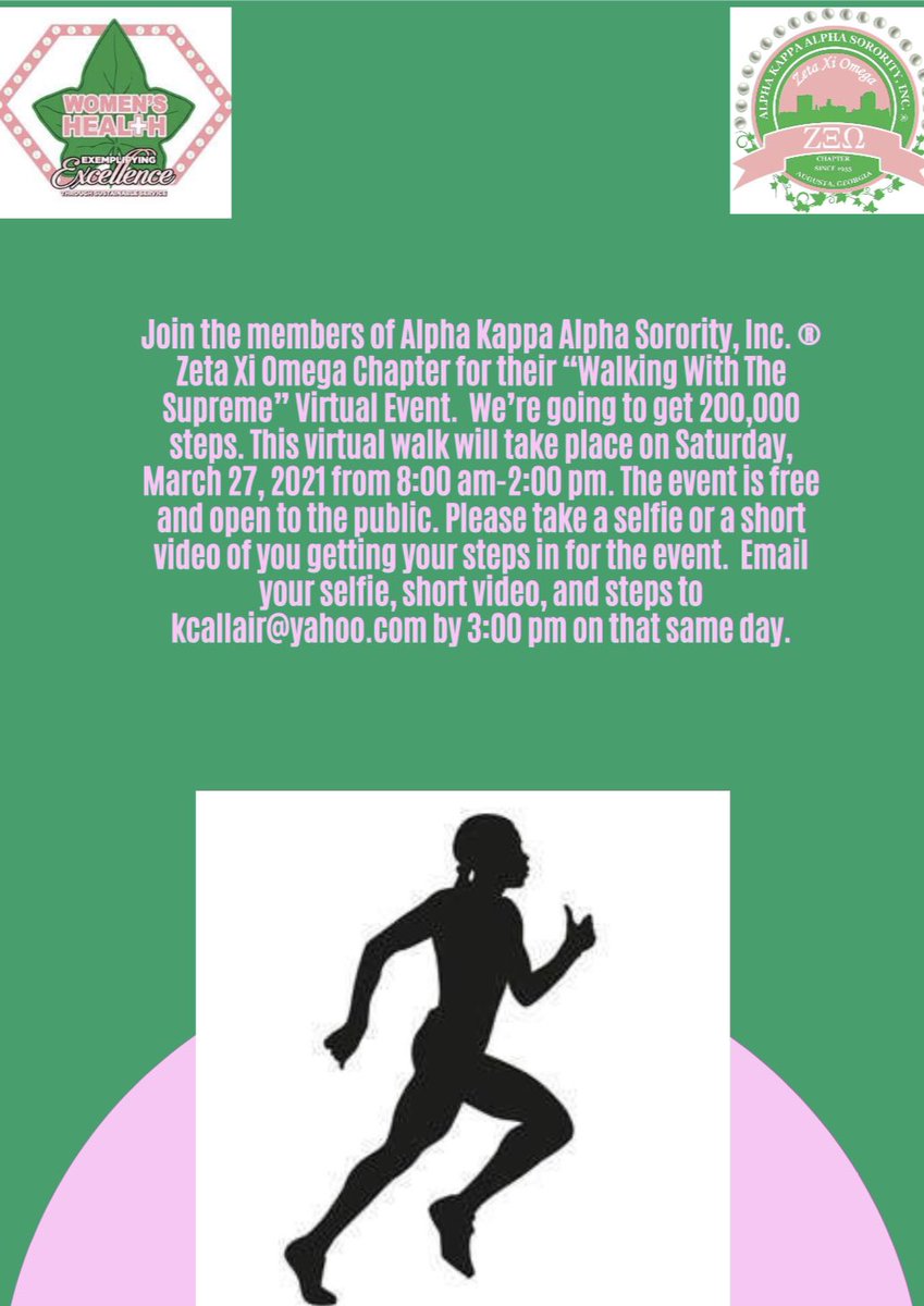 zetaxiomega_aka's tweet photo. Don’t forget to join our Walking With The Supreme Virtual Walk on tomorrow from 8 am-2 pm.
#AKA1908
#ZΞΩ
#SocialDistancingIsASeriousMatter https://t.co/vlyicc28rM