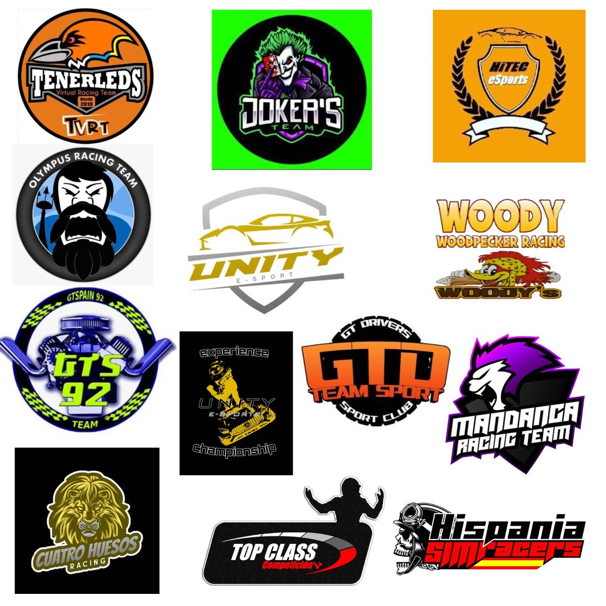 Aqui tenemos los equipos que participan en Unity e-sport experience Championship suerte a  <a href="/TVRTSIMRACING/">TENERLEDS VIRTUAL RACING TEAM</a> <a href="/Jokers_eTeam/">Joker's e-Team</a> <a href="/RacingOlympus/">Olympus Racing Team</a> <a href="/HiTEC_eSports/">HiTEC eSports</a> <a href="/WoodyRacer/">TJ Delta 69</a> @GTSpain92Team <a href="/tch_racing_team/">Teamcuatrohuesos</a> <a href="/gt_drivers/">GT Drivers Team Sport</a> <a href="/topclasscomp/">TOP CLASS COMPETICIÓN</a> <a href="/HispasimRacers/">Hispania Sim Racers</a> @MandangasT y gracias por participar 😊💪🏎️