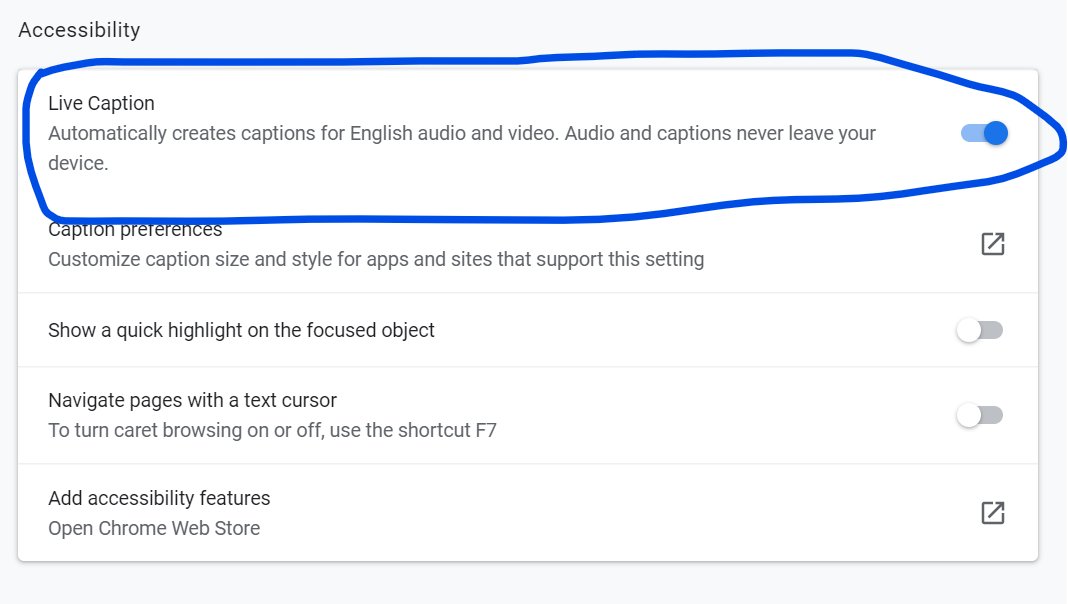 megswope76's tweet image. This is a HUGE accessibility feature that was just added by #Chrome!  And, in case you were wondering, it works with @CanvasLMS - I just tried it with an embedded YouTube video that didn't have built-in captions.  🤯