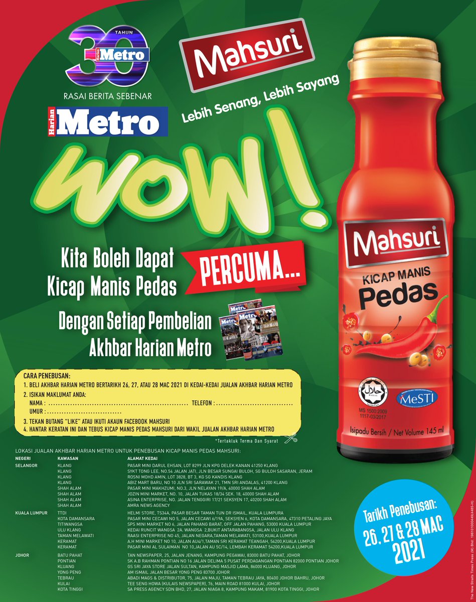 hmetromy's tweet photo. Wow! Pembaca Harian Metro di KL, Selangor & Johor boleh dapat Kicap Manis Pedas Mahsuri percuma dengan setiap pembelian akhbar Harian Metro.
Dapatkan akhbar Harian Metro untuk lokasi penebusan!
#HarianMetro #HarianMetro30Tahun #RasaiBeritaSebenar #Mahsuri #KicapManisPedas https://t.co/K4B2GpGG5Y
