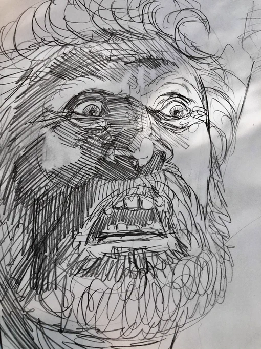 Decent Dafoe doodle? I don't know, I feel like exaggerating the expression even more and not worrying about the likeness might work better. 