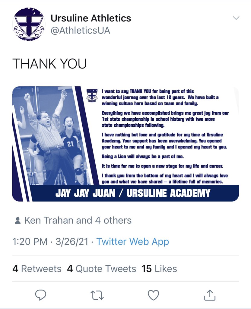 One of the greatest to ever coach in this state. THANK YOU for all that you’ve done for the volleyball world, female athletics, and the lives of your players. Thank you, Coach Juan! Can’t wait to see what’s next!