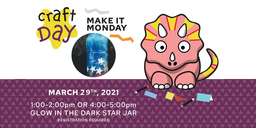 Make It Monday on March 29 @ 1 & 4 p.m.  Join us as we make a Glow in the Dark Star Jar to use in your bedroom at bedtime.  This cool program is for grades Pre-K - 2nd.  Register now at https://t.co/rpHyrUSHor to reserve a spot! https://t.co/CjtdWdQ6So