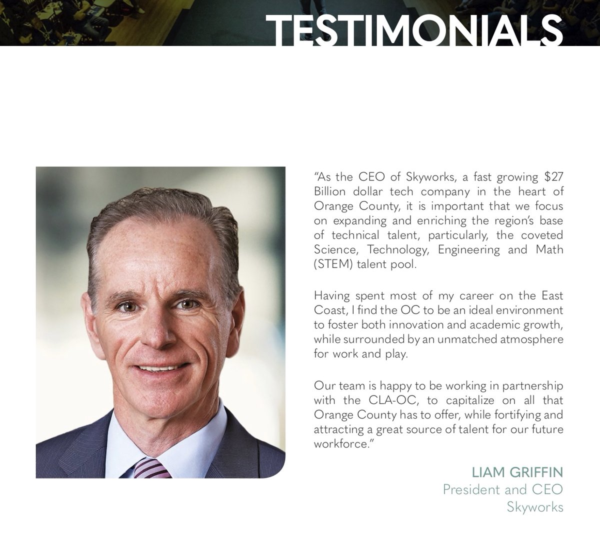 CLAofOC's tweet photo. #CLAOC members see the value, pleasure and opportunity in everything the OC has to offer. Check out what President and CEO of @skyworksinc, Liam Griffin has to say! #OCVisionaries https://t.co/uypIEUrFPW