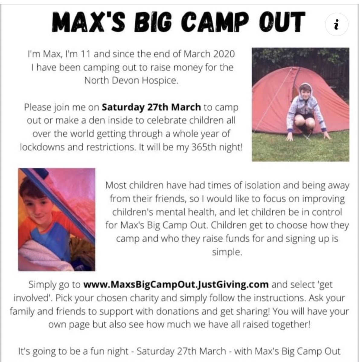 _RPCommunity's tweet image. This is such an amazing gesture by @TheBoyInTheTent ♥️♥️ huge congratulations to you. You are an absolute inspiration! We know what we’ll be doing tomorrow! If you manage to camo outside or make a den inside tag us in your photo’s and hashtag #MaxsBigCampOut