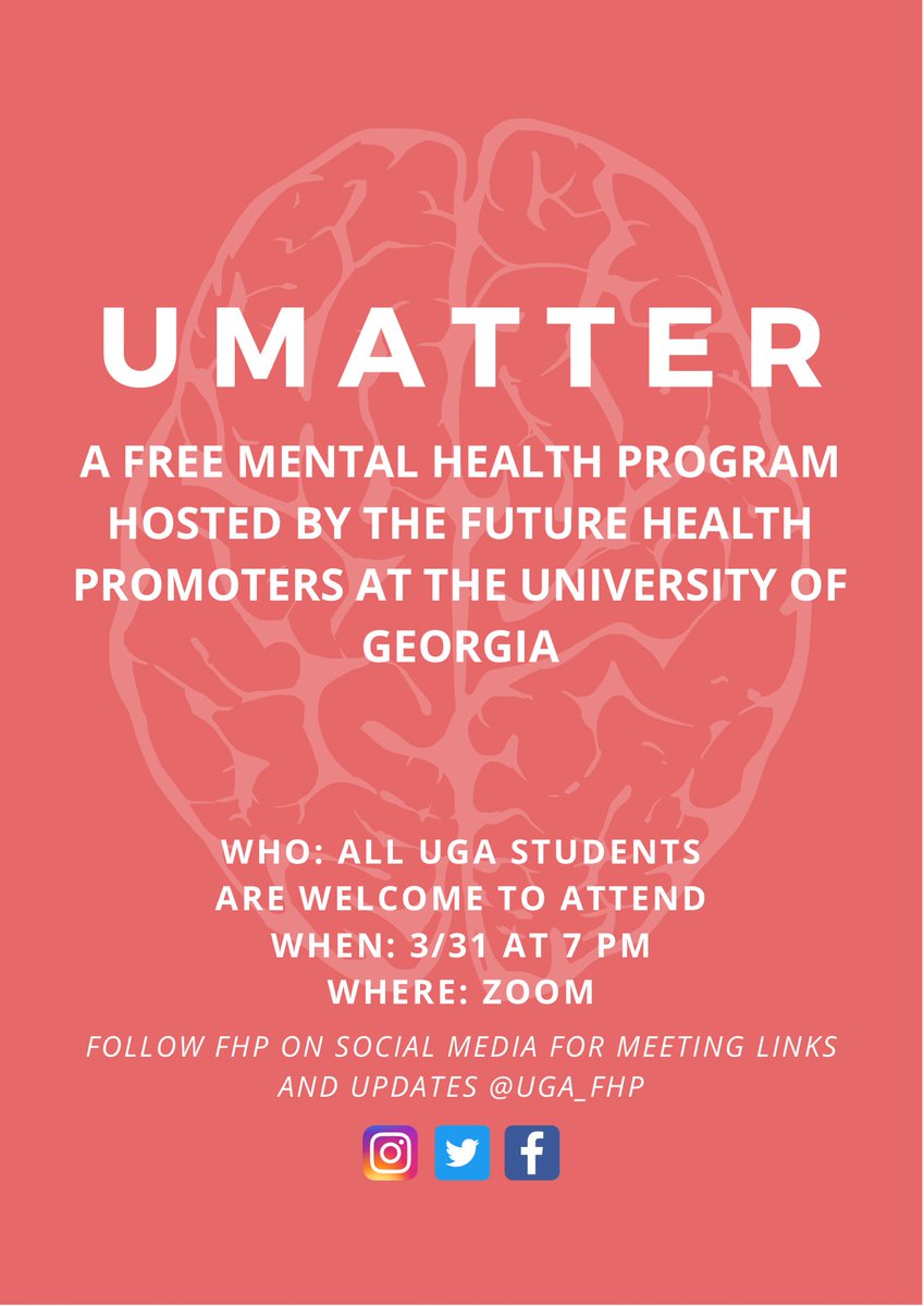 UGA_FHP's tweet photo. Hey, your mental health matters. We are hosting our UMATTER mental health program for FREE next Wednesday at 7pm. The Zoom link for the program will be in our bio. https://t.co/tRZIvl3QrN