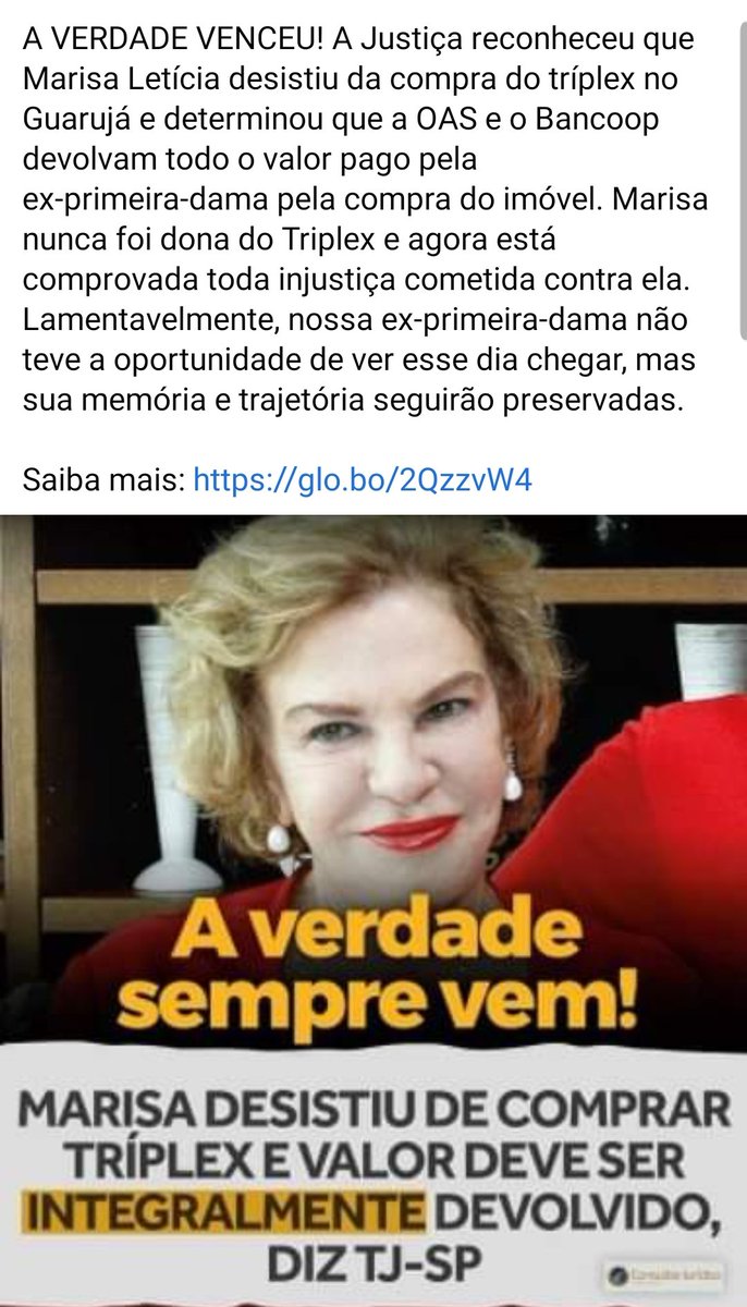 <a href="/LulaOficial/">Lula</a> Dona Marisa, que descansa em paz e de onde esta pode ver a verdade vindo a tona. Apos toda mentira e mau caratismo de Sergio Moro e sua equipe suja.