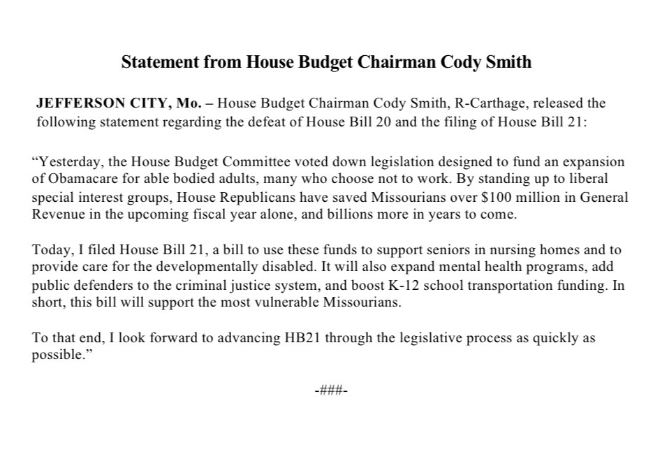 Today’s statement from House Budget Chairman <a href="/cody4mo/">Cody Smith</a> regarding House Bill 21:   #Moleg