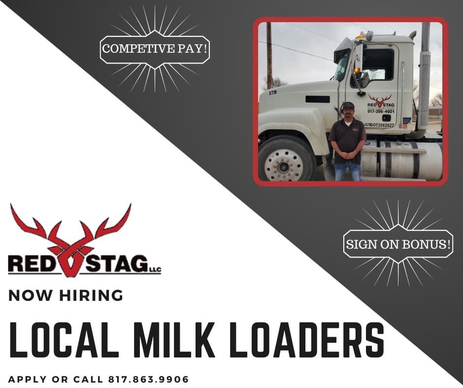 F/T Milk Loaders in Portales, NM
You can apply online at drive4redstag.com/companydriver
We offer equal employment opportunities to all persons w/o regard to race, religion, age, marital status, veteran status, sex, national origin, disability, or any other legally protected status