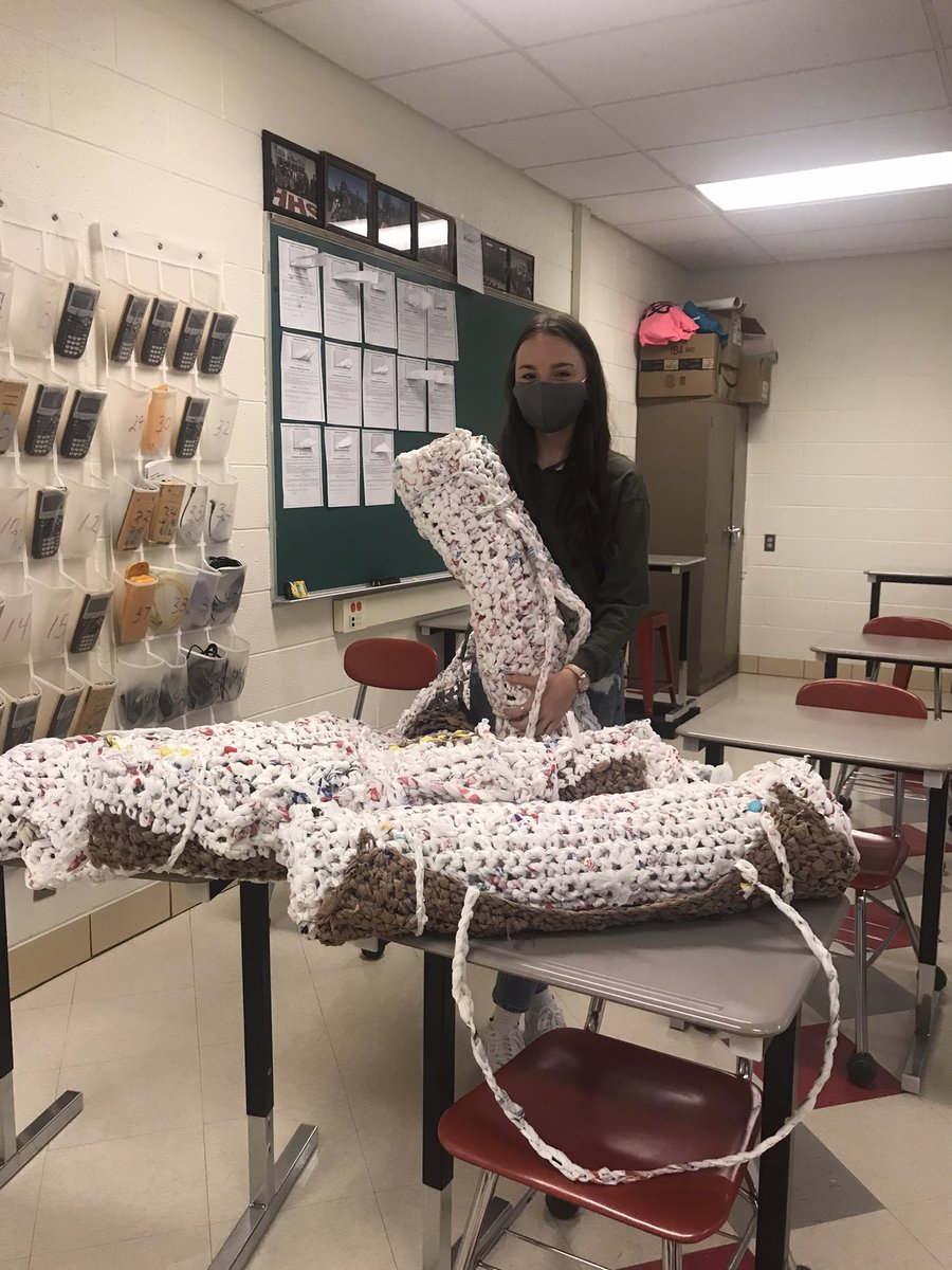 kyryspringer's tweet photo. Proud of Crochet Circle. Finished their recycled grocery bag mats supporting #motorcitymissionmitten  @PrincipalofHHS  @TomasekChiefs @HuronSchoolDist https://t.co/gymCTpSVwj