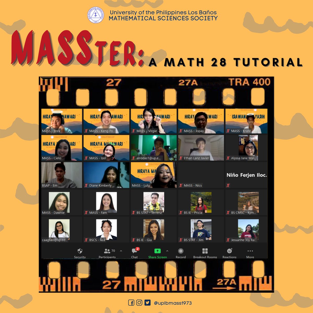 uplbmass1973's tweet photo. Nais pasalamatan ng UPLB Mathematical Sciences Society ang lahat ng dumalo sa MASSter: A Math 28 Tutorials kahapon, ika-26 ng Marso, 2021.
Nawa‘y marami kayong natutunan na magagamit ninyo sa inyong parating na pagsusulit.
#HirayaManawari
#MASSMaunlad
#MASSter https://t.co/I9NsNypdNx