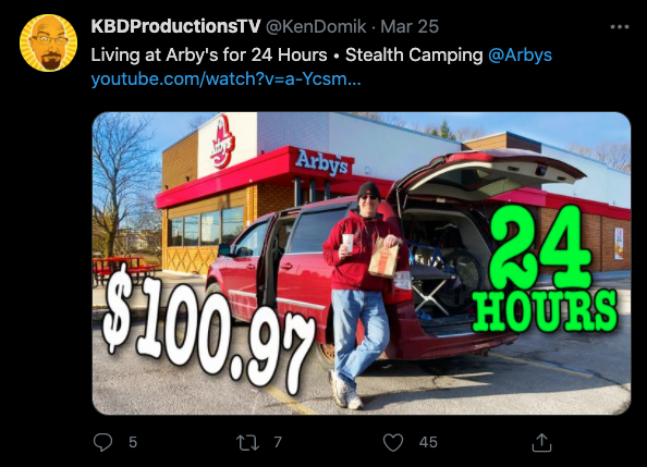 the_infochannel's tweet photo. @ArbysCares Hey Do You Allow Stealth Camping At Any Of Your Locations? Ken Domik of KBDPRODUCTIONSTV. Seems To Think So ?.#YouTube #canada #WordOfHonor #TikTok https://t.co/mRG03yFoaM