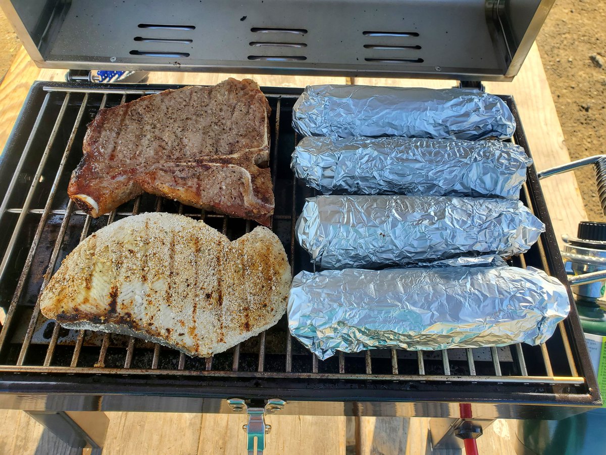 Surf or turf? Both thresher shark and T-bone on the grill, with Gary's Original Blend. #camping #BBQ