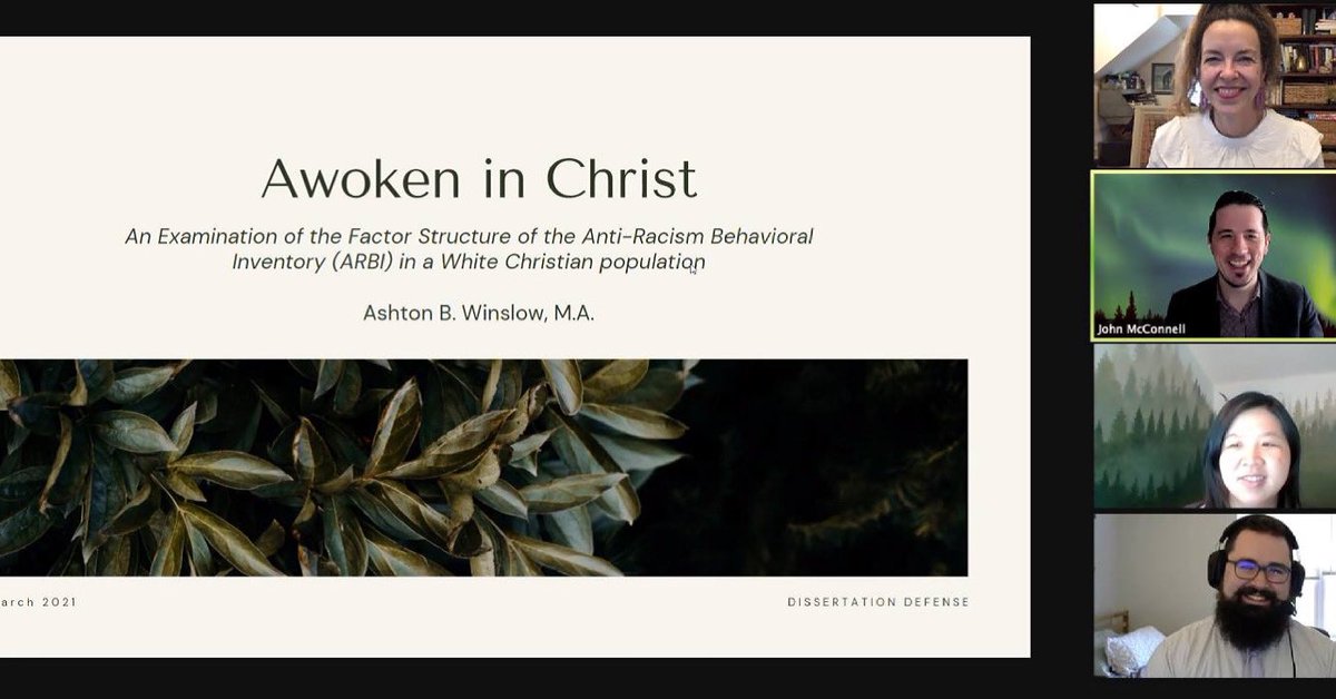 wheatongradpsyc's tweet photo. Congratulations to @AshtonWinslow, MA, on successful defense of a dissertation manuscript titled, "Awoken in Christ: An Examination of the Factor Structure of the Anti-Racism Behavioral Inventory (ARBI) in a White Christian Population." https://t.co/Qm19yOwRcR