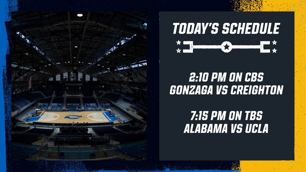 Two more spots in the Elite Eight are on the line today at Hinkle!

<a href="/ZagMBB/">Gonzaga Basketball</a> faces <a href="/BluejayMBB/">Creighton Men’s Basketball</a> today at 2:10 PM, followed by <a href="/AlabamaMBB/">Alabama Men’s Basketball</a> vs <a href="/UCLAMBB/">UCLA Men’s Basketball</a> at 7:15 PM.

Coming to the games?  Be sure to review our fan guide at ButlerSports.com/KnowBeforeYouGo