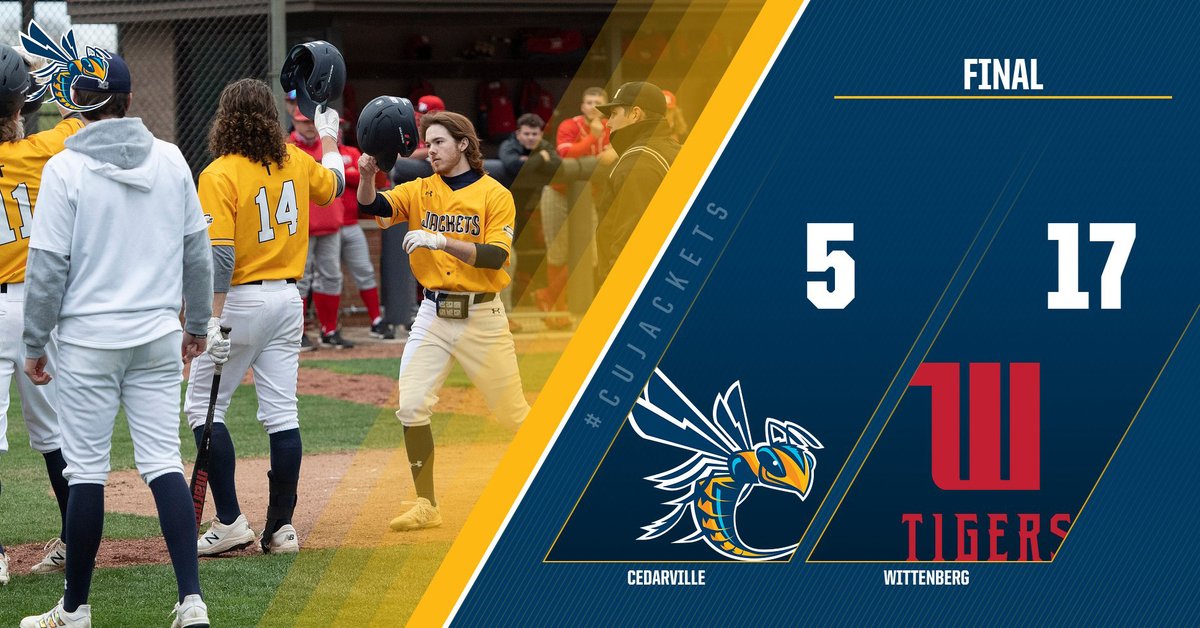 CUJackets's tweet photo. BSB Final - Wittenberg powers past @CUJacketsBase 17-5 at Yellow Jacket Field. @atb9sb HR, R, 3 RBI; @payteeles 2 RBI; @stew_man22 2-for-3, R. #CUJackets (8-7) at Indiana Tech, Sat., March 27 at 3 PM.
#BackTheJackets ⚾️ #CedarvilleUniversity https://t.co/ia5QMDzWQi