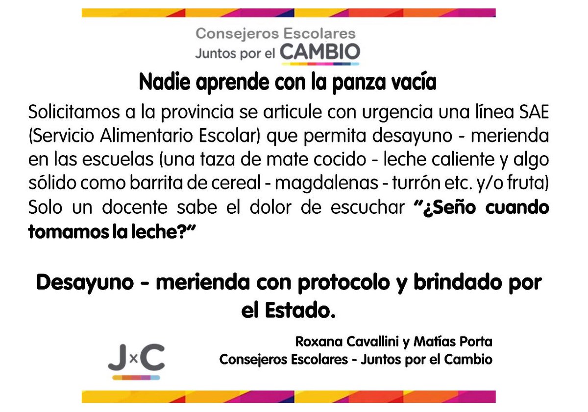 Usted gobernadorAxel Kicillof ustedes los ministros, secretarios ....están 4 hs en sus oficinas sin un café o té? 
  Hay estudiantes q en la mañana llegan sin haber desayuno y muchos sin haber cenado. Sentido común y responsabilidad alimentaria le requerimos al Estado.