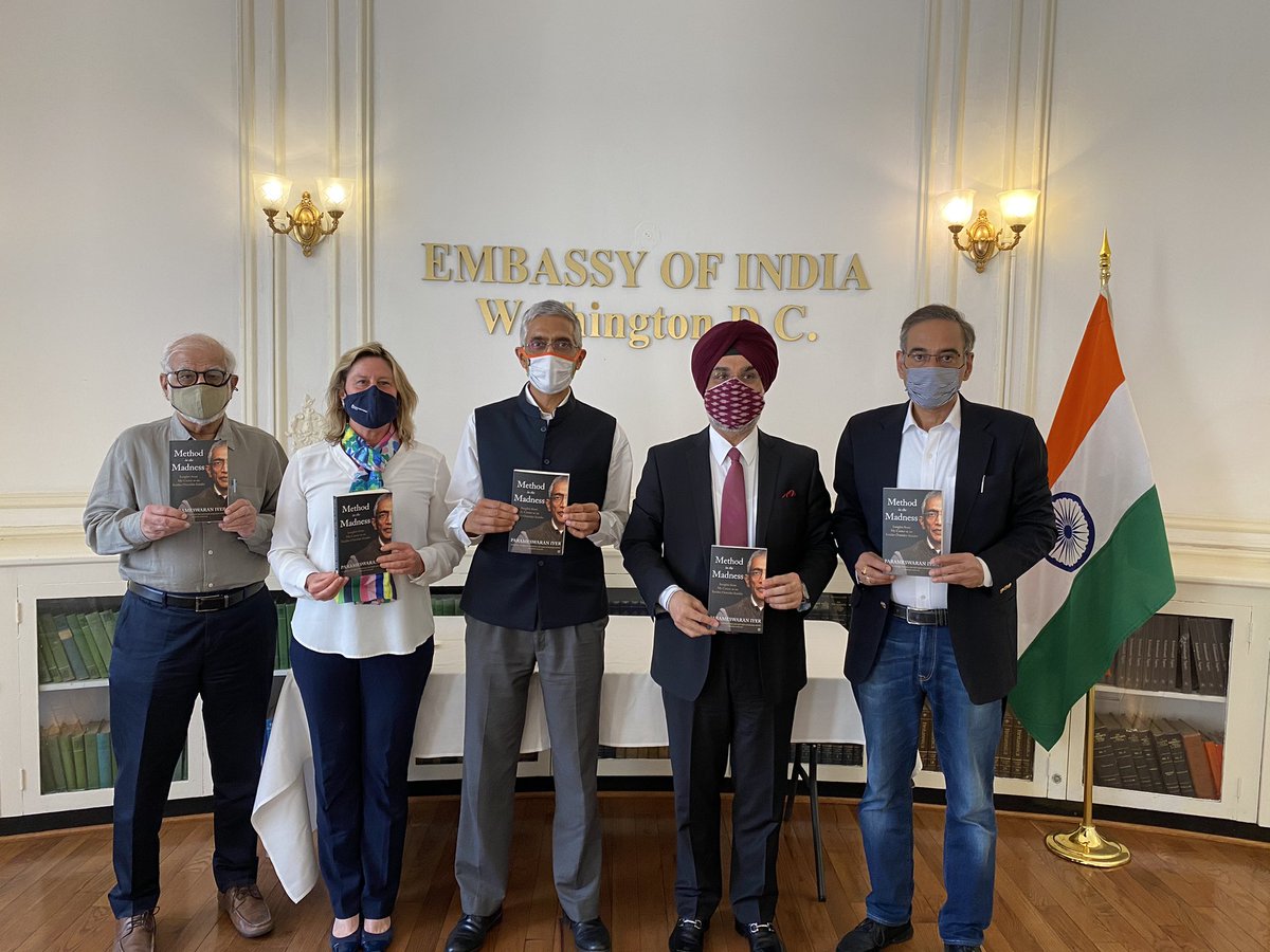 paramiyer_'s tweet photo. Very grateful to Ambassador @SandhuTaranjitS for hosting the DC launch of my book #MethodInTheMadness A privilege to have such a distinguished panel discuss the book with a large online audience. Thanks to @surjitbhalla Rajesh Khullar, @JenniferJSara1 Mani and the B-F India Club https://t.co/54sw1XfOXn