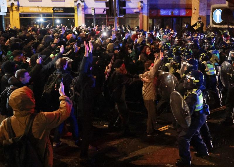 Reuters's tweet photo. Police make arrests at violent protest in Bristol, England https://t.co/1ZC9NXZBbn https://t.co/ig0Uztpf2B