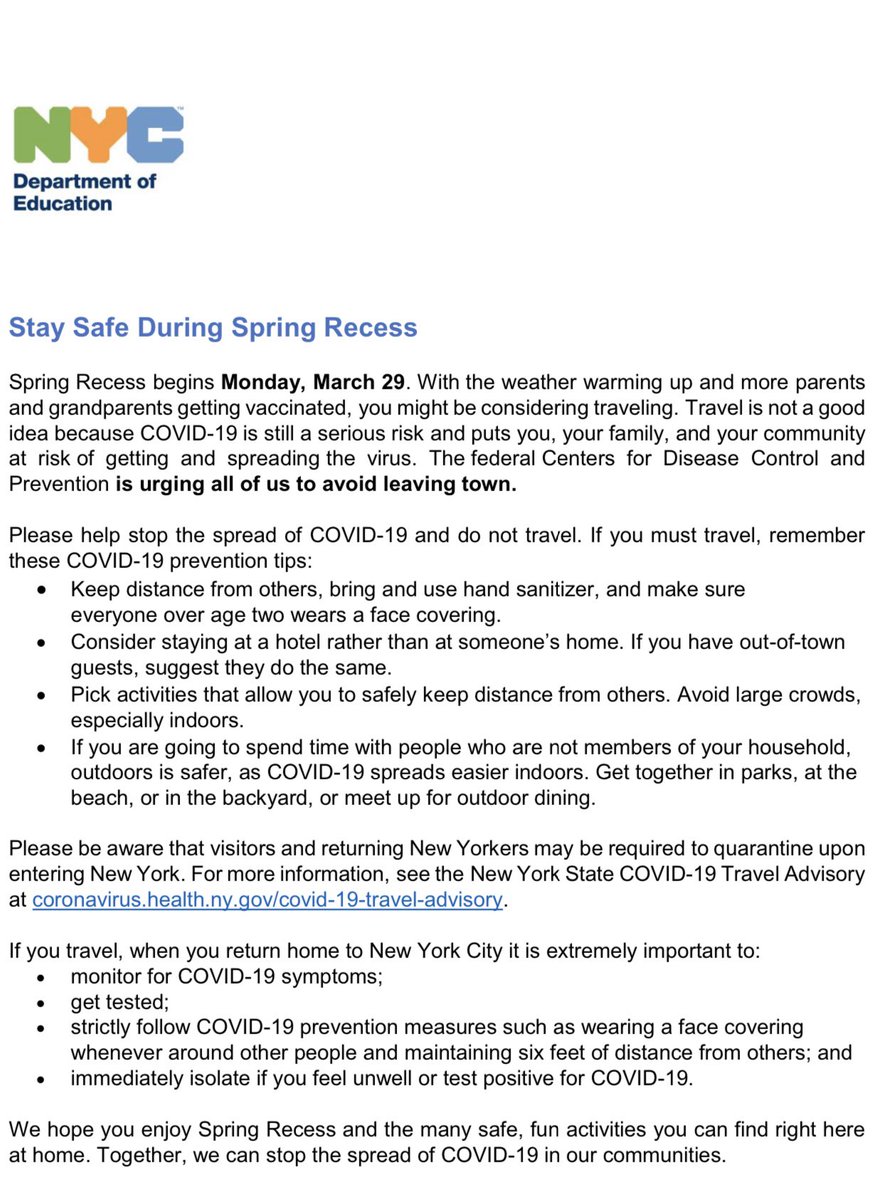 GarretAMorPS132's tweet photo. Good Evening Families, 

Happy Friday and Happy Spring Break! 

Please see the safety suggestions to consider during your break. We want to return to school safe and healthy so please consider the guidelines listed. 

Have a fun and restful break. We will see you in April 💚 https://t.co/aBQZilFqA2
