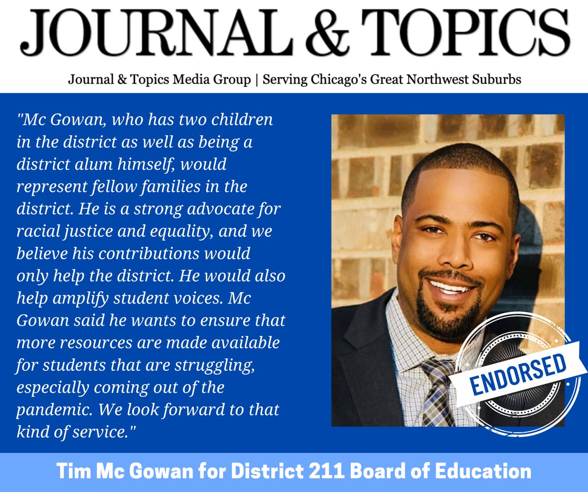 mcgowanforD211's tweet photo. ENDORSED BY JOURNAL &amp; TOPICS! I am so grateful my focus on amplifying student voices is being recognized! That has been my priority since day 1. We only have 11 days to get out the vote! Chip in now to support our efforts: https://t.co/hr2qa8Ibk1 https://t.co/n2txkzKNWz
