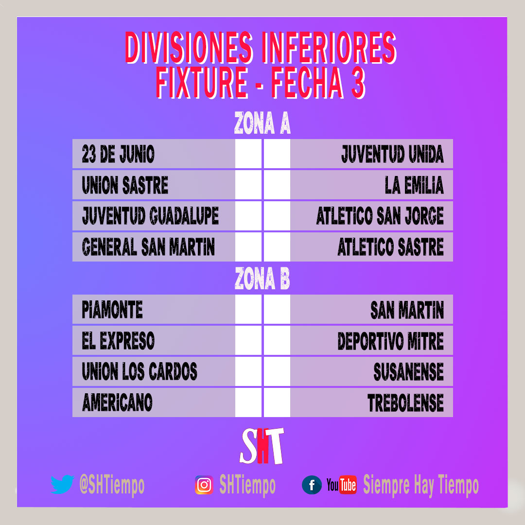 SHTiempo's tweet photo. Mañana, sábado 27 de marzo, se jugará la tercera fecha de las divisiones inferiores. 

Aquí te dejamos los cruces de la jornada (si el clima lo permite).

#SiempreHayTiempo https://t.co/PckZFviipP