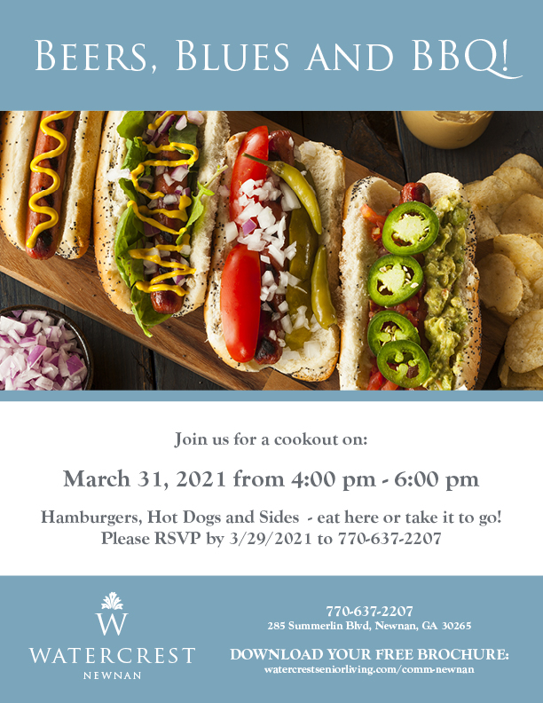 Support Newnan's local storm victims and grab a 'dog or two on Weds, March 31st from 4-6 pm at Watercrest Newnan's 'Beers, Blues &amp; BBQ' event. Learn more about Watercrest Newnan Assisted Living and Memory Care: lnkd.in/dXyS7dS

#watercrestseniorliving #newnanga