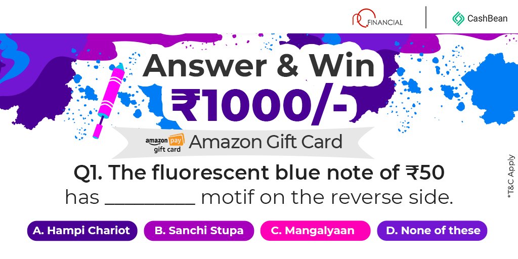 We are here to add colours to your #Holi2020.
Answer the simple question related to our vibrant and colourful currency and get a chance to win INR 1000 worth of #Amazon voucher.
Use #CashBeanKiHoli and follow us
Retweet and share tweet for added points.
 #contest #contestalert