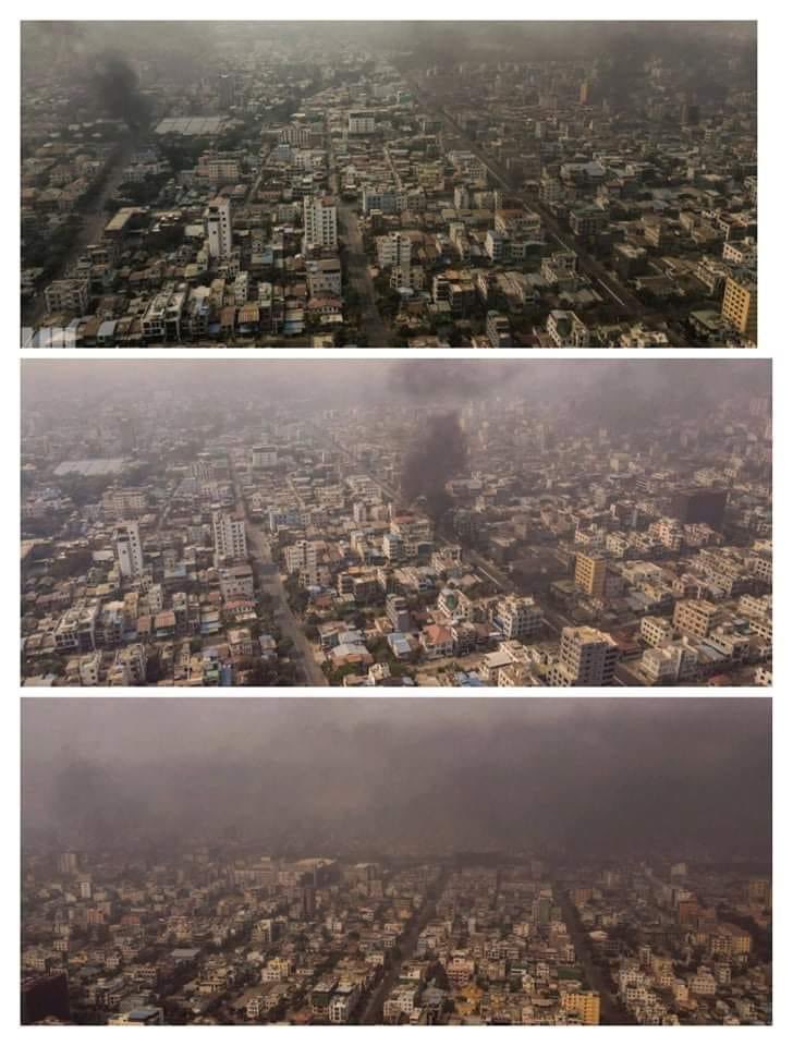 Mandalay, the last royal capital of Burma and the centre of Burmese culture, is now covered in smoke from Fireguns and Bombs by armed forces. 
What an ugly scene to see on Armed Forces Day.
ANTIFASCIST REVOLUTION
#AntiFascistRevolution2021
#Mar27Coup
#WhatsHappeningInMyanmar