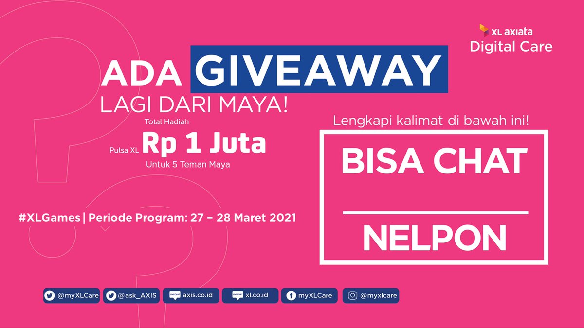 myXLCare's tweet photo. 🥳 Ada Giveaway lagi dari Maya dengan total hadiah Pulsa XL Rp 1 Juta, khusus untuk 5 Teman Maya! 🎁

Caranya:
1. Follow akun Twitter dan Instagram @myXLCare
2. RT, Like &amp; Reply tweet ini dengan jawaban kamu sebanyak-banyaknya
3. Tag 2 orang temanmu 
4. Gunakan hashtag #XLGames https://t.co/Dokwitfq3W