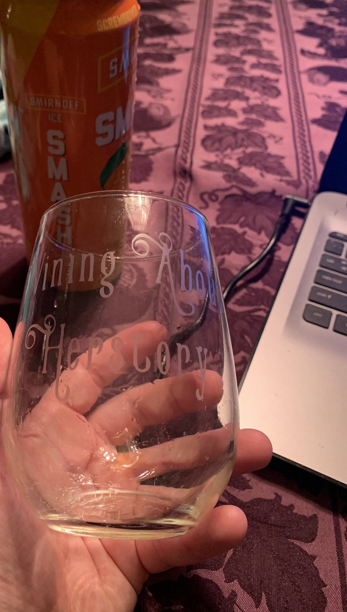 Mlinschied's tweet photo. Celebrating 100 episodes of these pretty pretty princesses! I may not be in my princess outfit but I am in my WAHP shirt and drinking out of my new wine glass!!! @WaH_Pod https://t.co/PVWsnshgMf